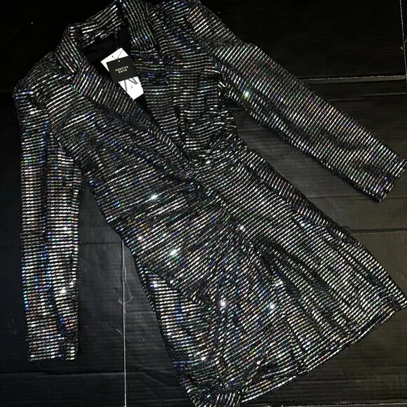 NWT Zara L MINI BLAZER DRESS MIRRORED SILVER GRAY Black Sequin FESTIVE DAYS  NYE - threedaughtersproperties.com